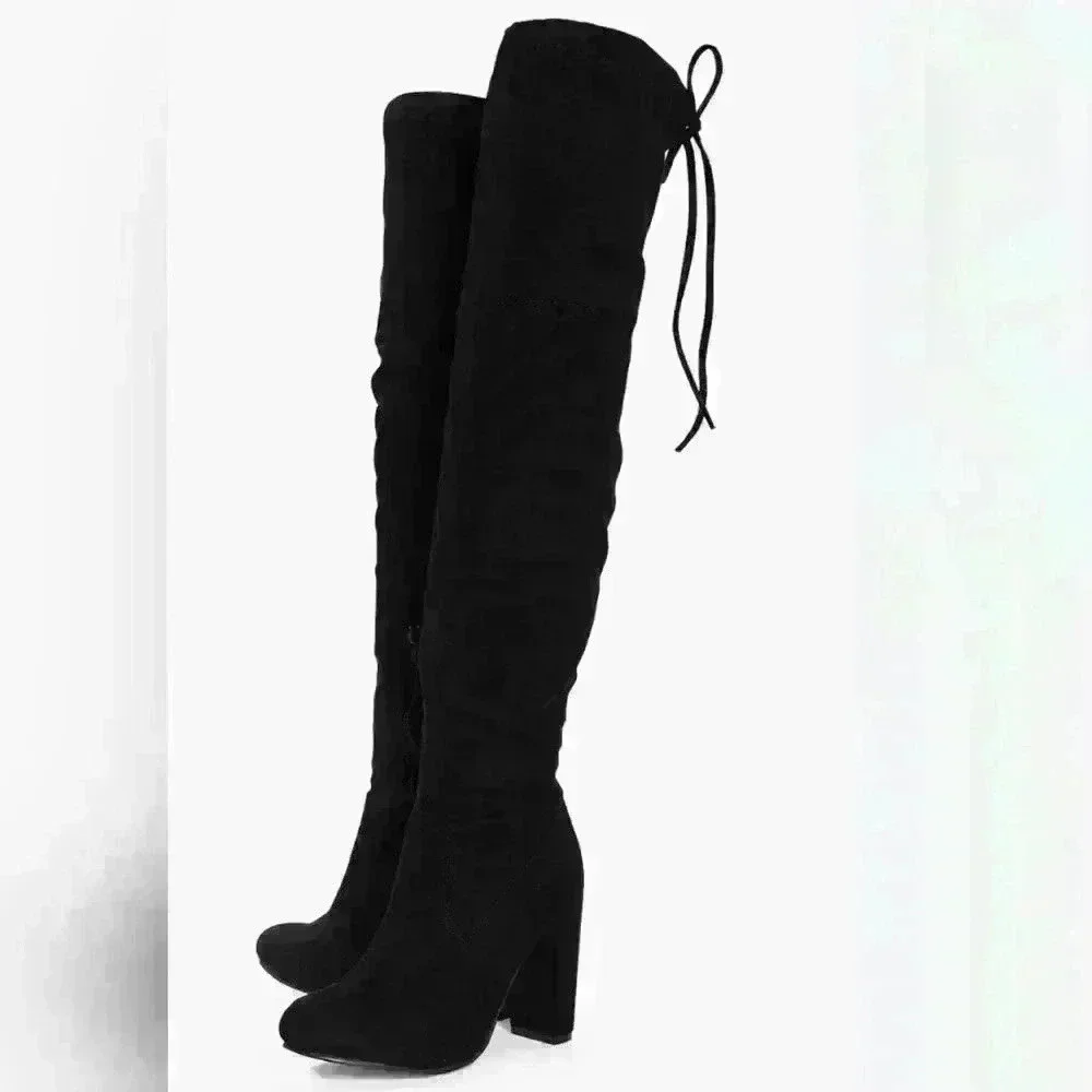 Boohoo Rebecca Block Heel Over The Knee Black Faux Suede Thigh High Boots Boot - Picture 1 of 3